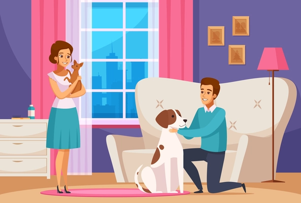 Happy family couple with big and little dogs in home interior cartoon composition vector illustration