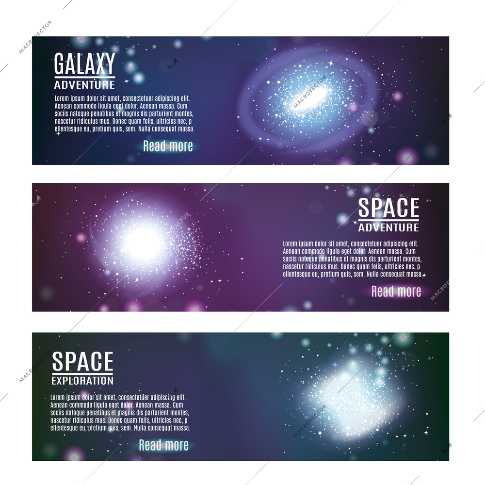 Set of three galaxy spiral realistic banners with images of space with clusters of stars and text vector illustration