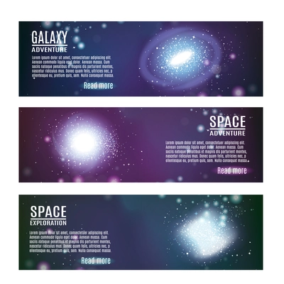 Set of three galaxy spiral realistic banners with images of space with clusters of stars and text vector illustration