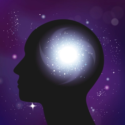 Galaxy psychology concept realistic composition with dark human head silhouette and overlaid image of stars cluster vector illustration