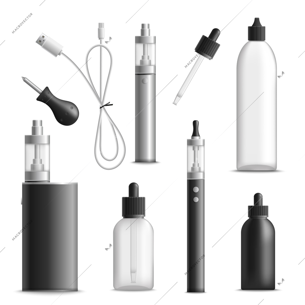 Vaping realistic set with isolated images of vaporizer devices vials for vape liquid and charging wire vector illustration