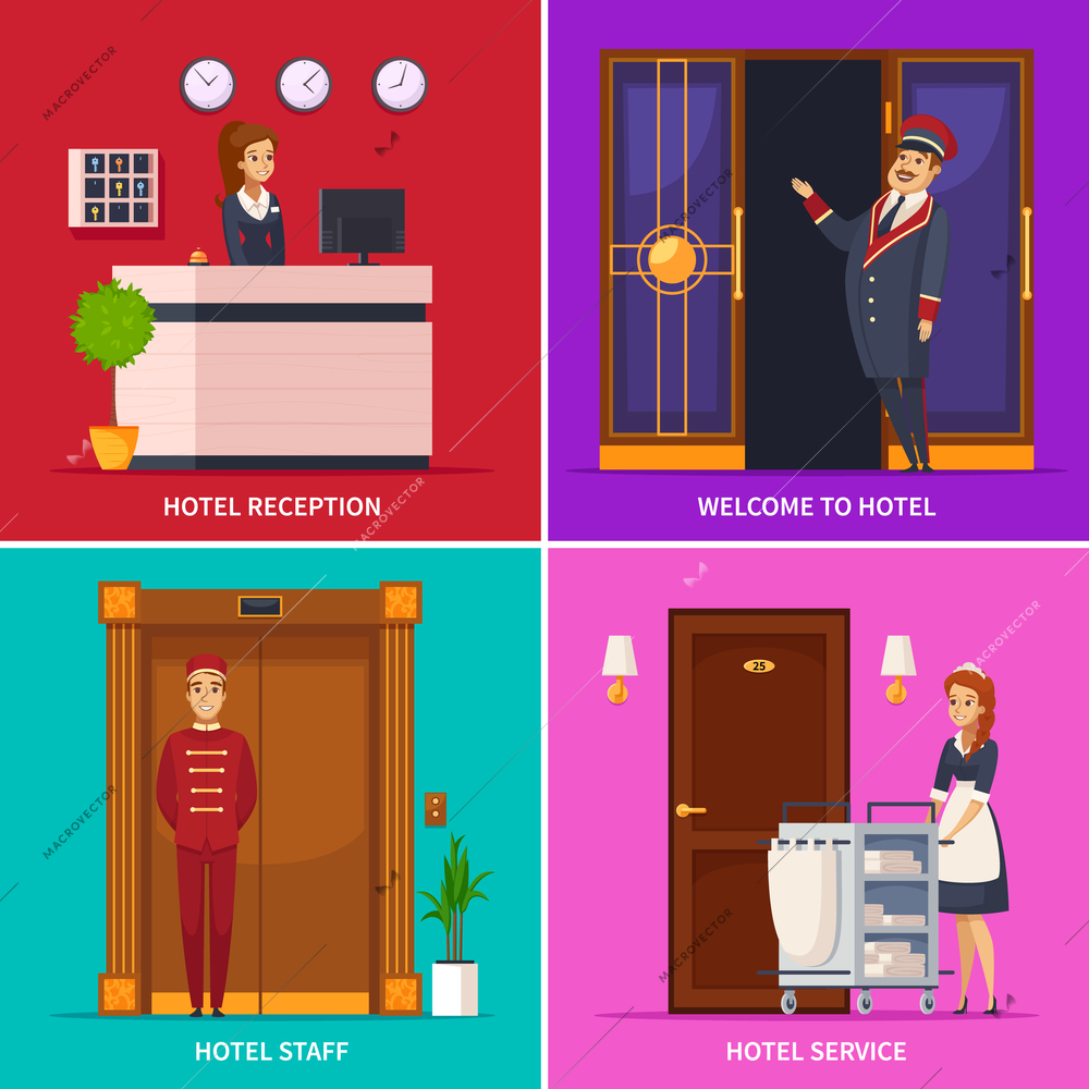 Hotel service 2x2 design concept set of square icons with doorman receptionist chambermaid bellboy cartoon characters vector illustration