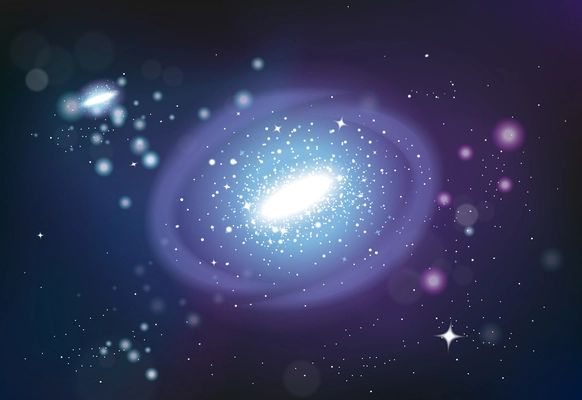 Galaxy spiral realistic background composition with colourful images clusters of stars with specular highlights and sky vector illustration