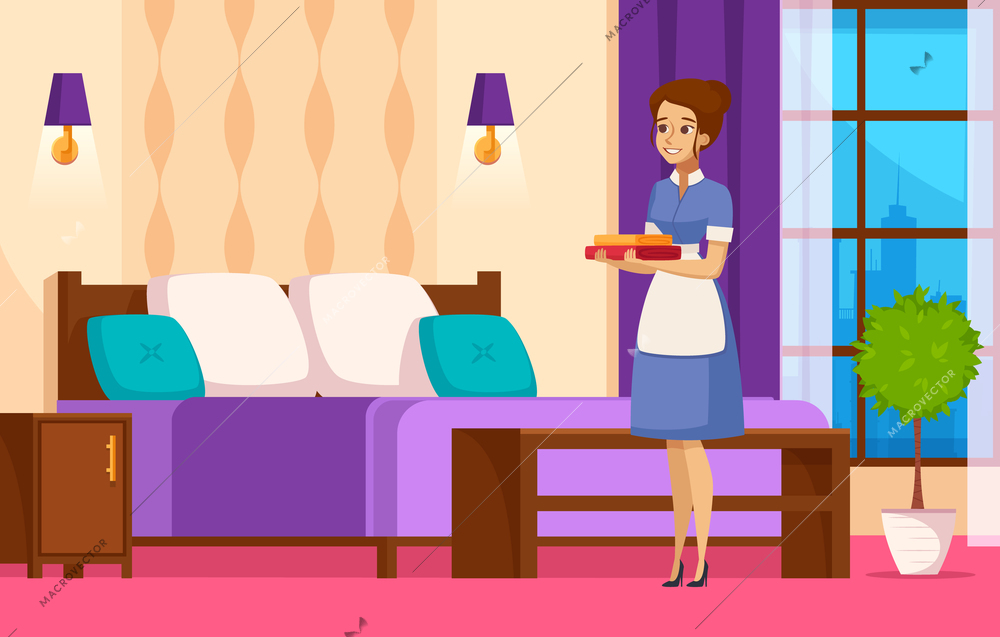 Hotel staff colorful background with maid in room interior holding clean towels cartoon vector illustration