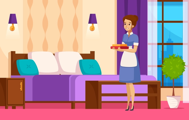 Hotel staff colorful background with maid in room interior holding clean towels cartoon vector illustration