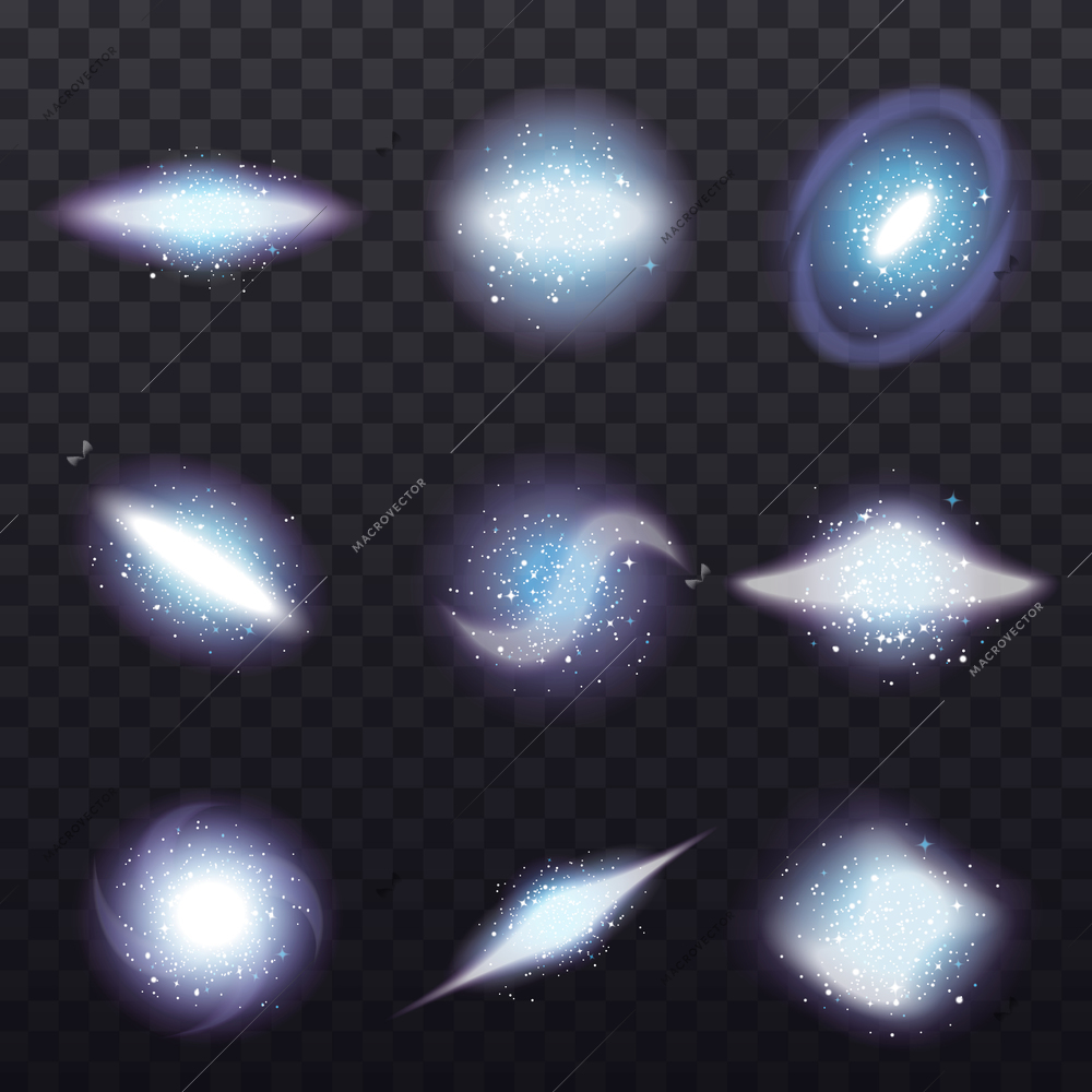 Galaxy spiral realistic set with geometrically shaped clusters of stars with universe specular highlights on transparent background vector illustration