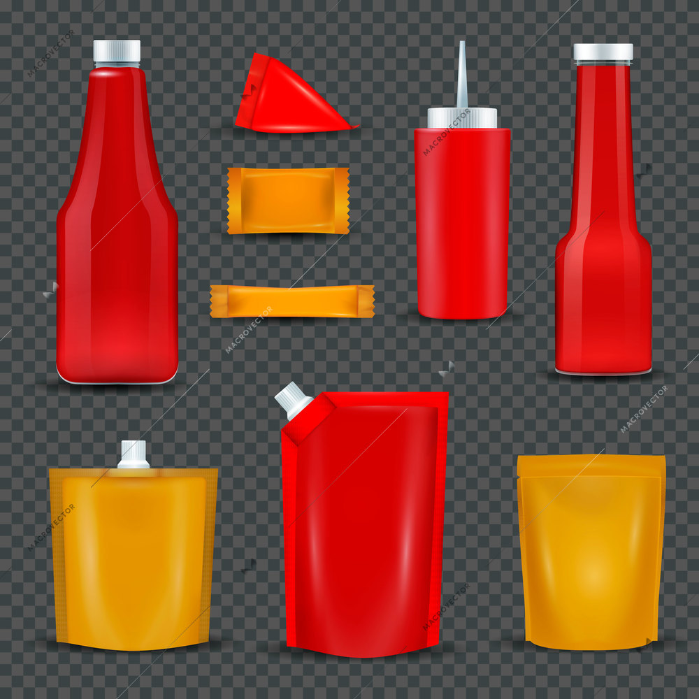 Sauce bottles dispensers squeeze pouch packages realistic red and yellow items black transparent background isolated vector illustration
