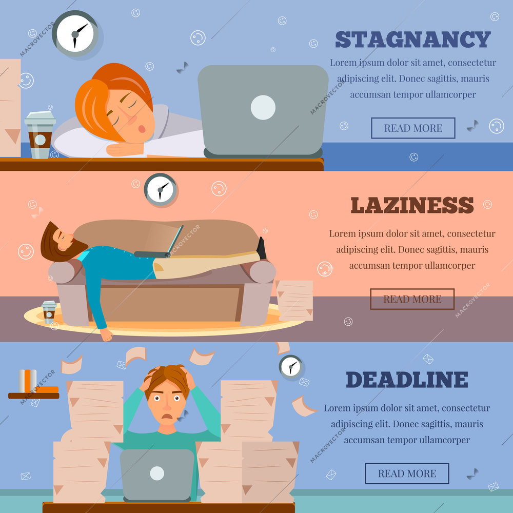 Procrastination stagnation laziness control and deadlines stress managing 3 cartoon horizontal banners webpage design isolated vector illustration