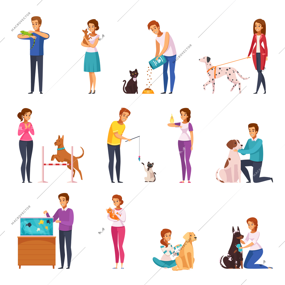 People with pets isolated icons set of owners training feeding playing grooming their pets and walking with them cartoon vector illustration