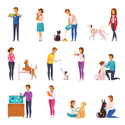 People with pets isolated icons set of owners training feeding playing grooming their pets and walking with them cartoon vector illustration