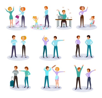 Characters expressing anger cartoon icons collection with fighting quarreling couples work frustration annoying kids isolated vector illustration