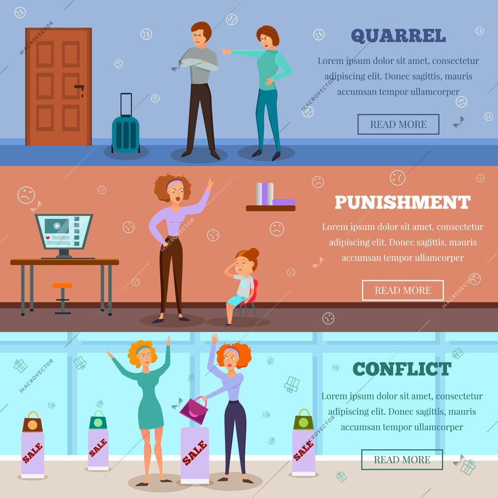 Angry characters quarreling punishing child and in conflict situation 3 horizontal cartoon banners webpage design isolated vector illustration