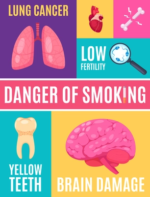 Smoking danger cartoon poster with information about complications so as low fertility lung cancer yellow teeth brain damage vector illustration