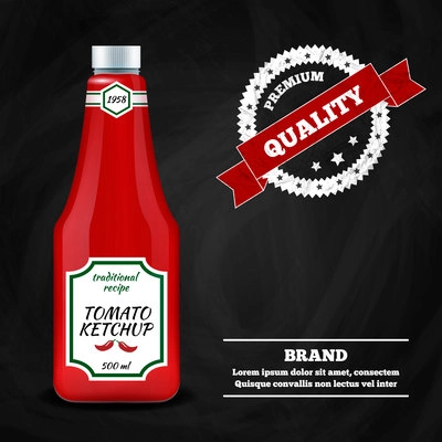 Tomato ketchup sauce bottle realistic advertisement composition poster with round quality sign emblem  black background vector illustration