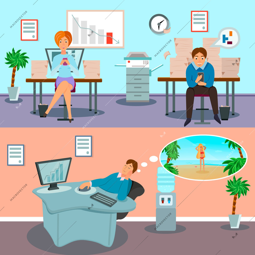 Procrastination symptoms deadline stress and task avoiding at workplace characters 2 horizontal cartoon banners isolated 6vector illustration