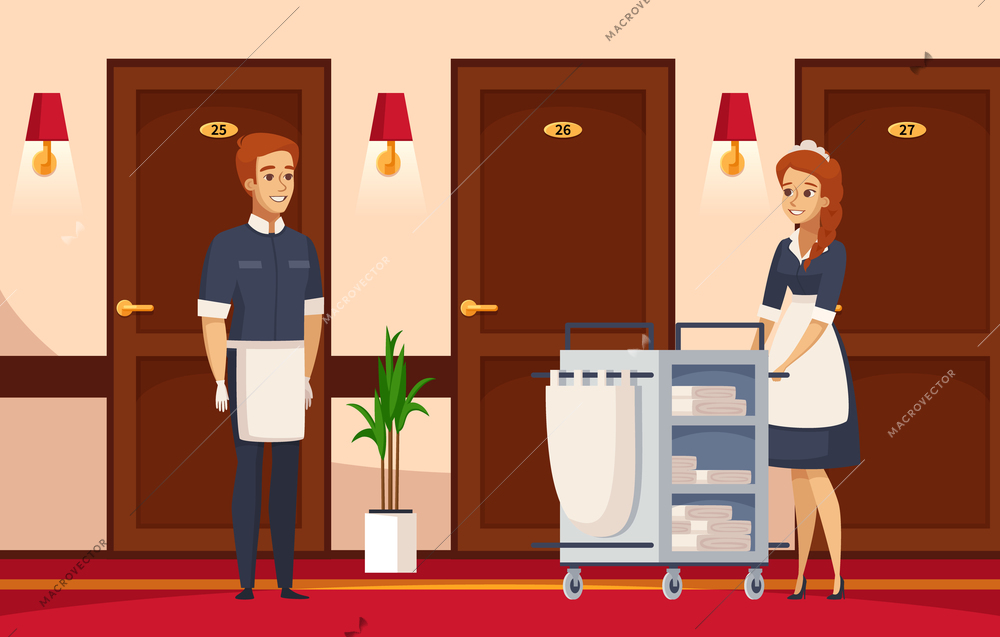 Hotel staff cartoon composition with cleaner and chambermaid engaged in performance of  service duties vector illustration