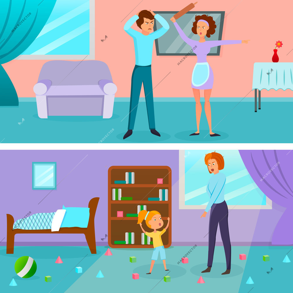 Angry characters 2 horizontal cartoon banners with domestic quarrel and child refusing to cleanup toys   vector illustration