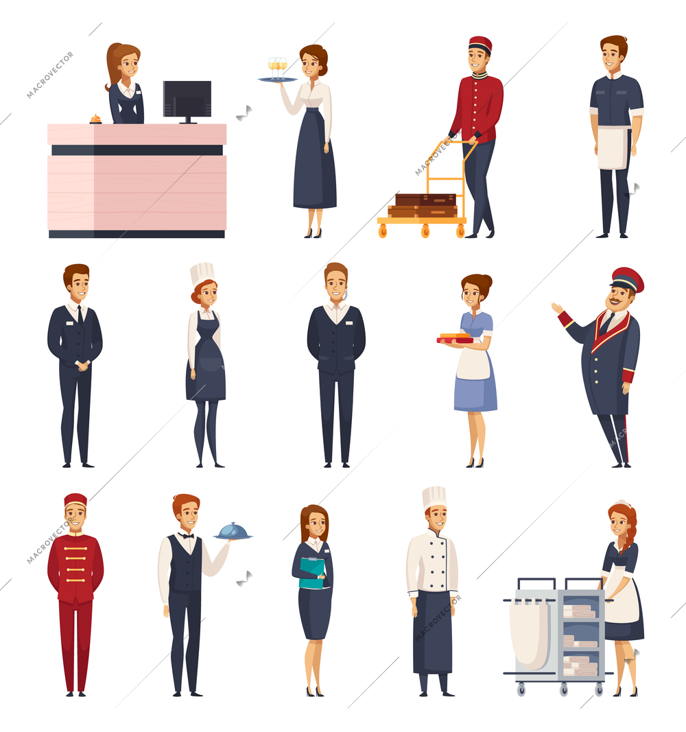 Hotel staff cartoon set of isolated icons representing bellboy maid doorman receptionist bellman chef concierge waiter vector illustration