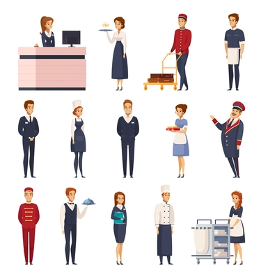 Hotel staff cartoon set of isolated icons representing bellboy maid doorman receptionist bellman chef concierge waiter vector illustration