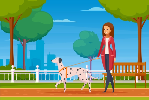 Colored cartoon background with young woman walking in city park with her dog of dalmatian breed vector illustration