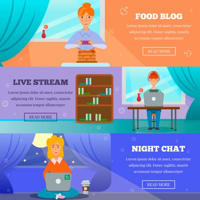 Popular bloggers characters posts topics 3 horizontal banners set with life stream night chat cooking vector illustration