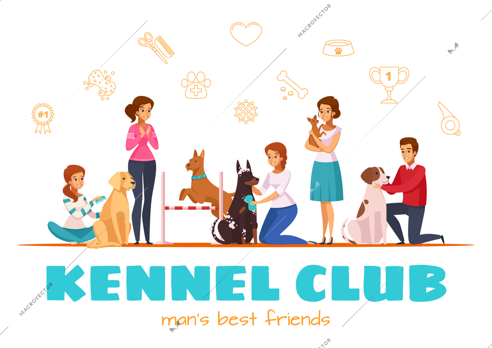 Kennel club cartoon vector illustration with male and female characters and their pets of different breeds