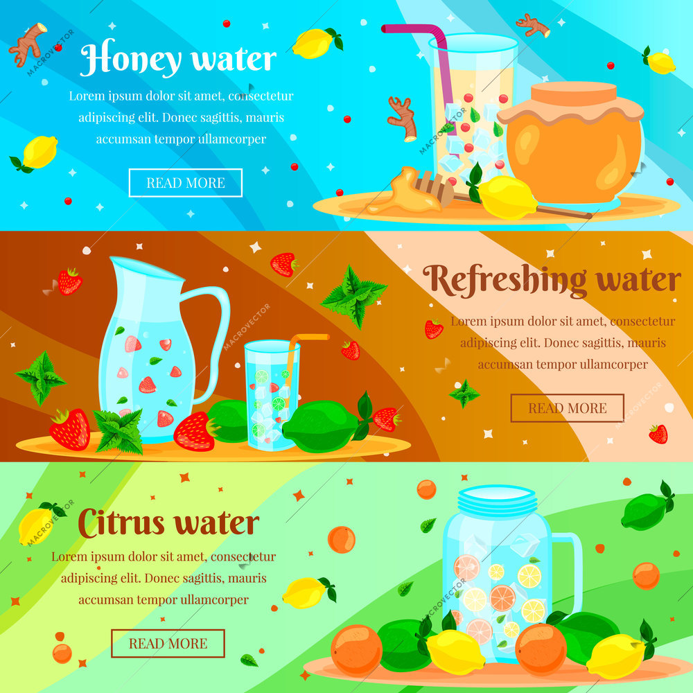 Detox honey citrus water cleansing body burning fat for rapid weight loss flat horizontal banners set vector illustration