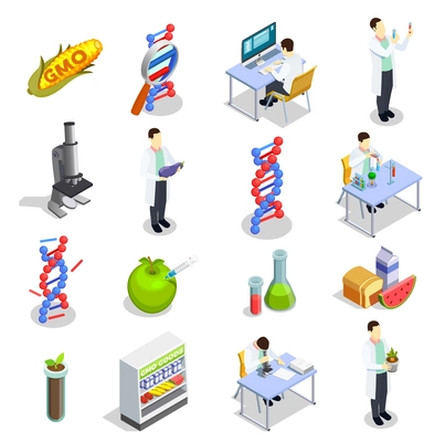 Genetically modified organisms set of isometric icons with dna research, gmo goods, scientific laboratory isolated vector illustration