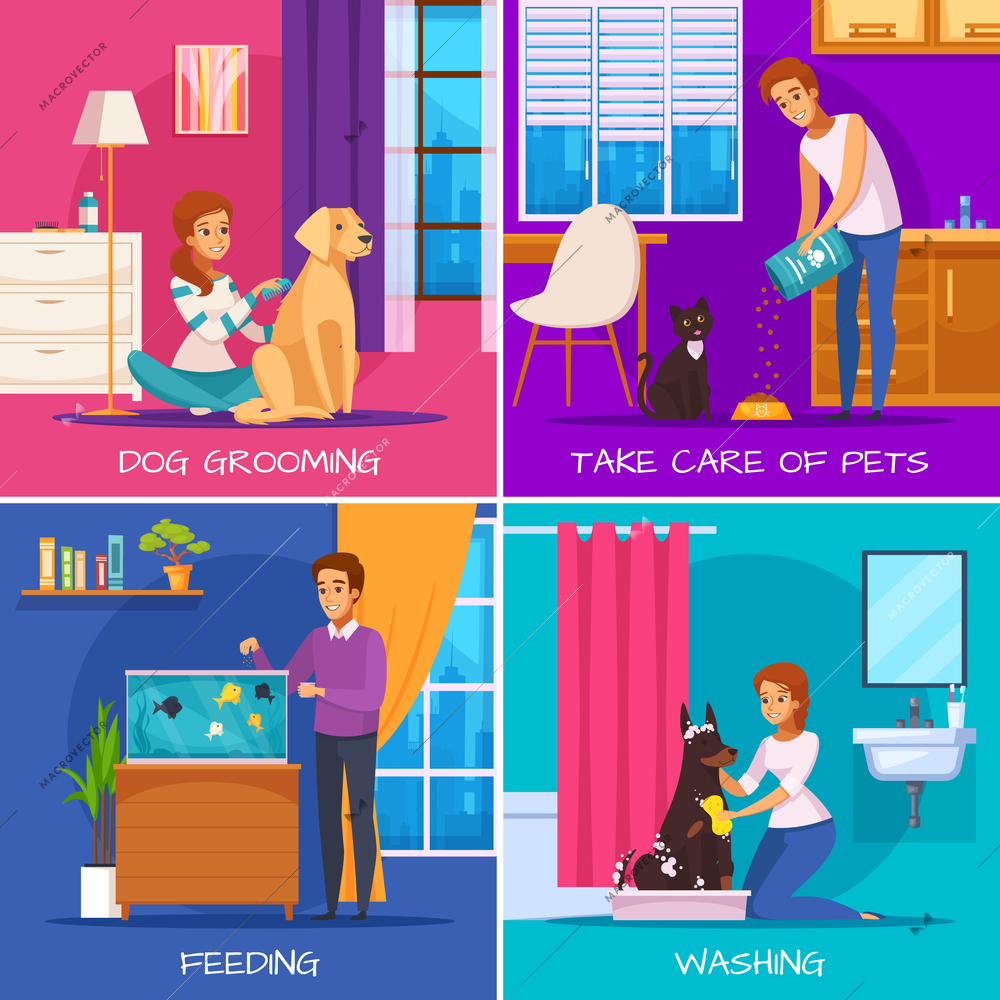 People with pets 2x2 design concept with dog grooming washing fish feeding cat care square icons cartoon vector illustration