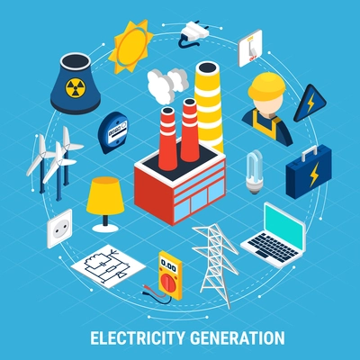 Electricity isometric and round composition with isolated colored elements arranged in a circle vector illustration