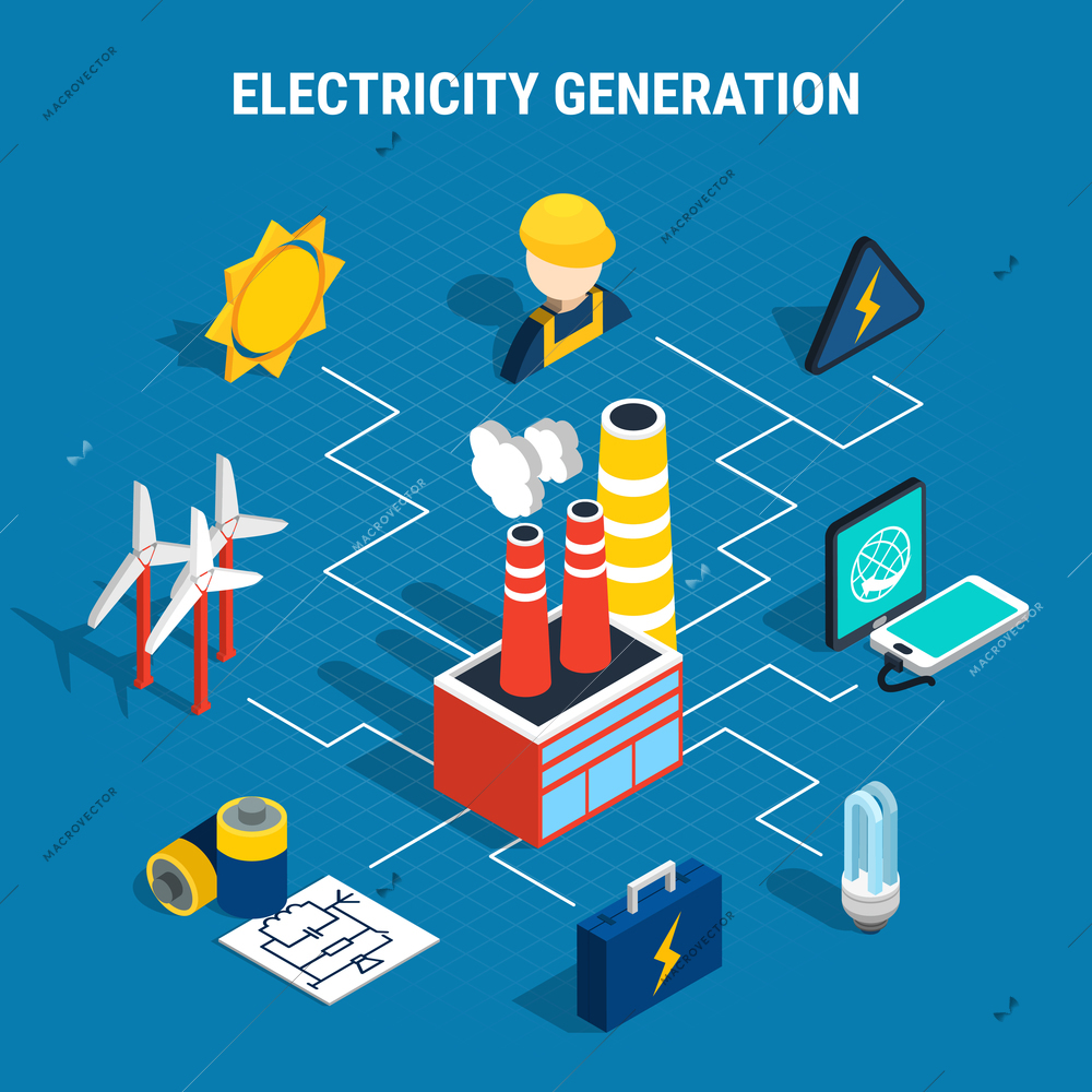 Colored isolated isometric electricity composition with electricity generation description and chart elements