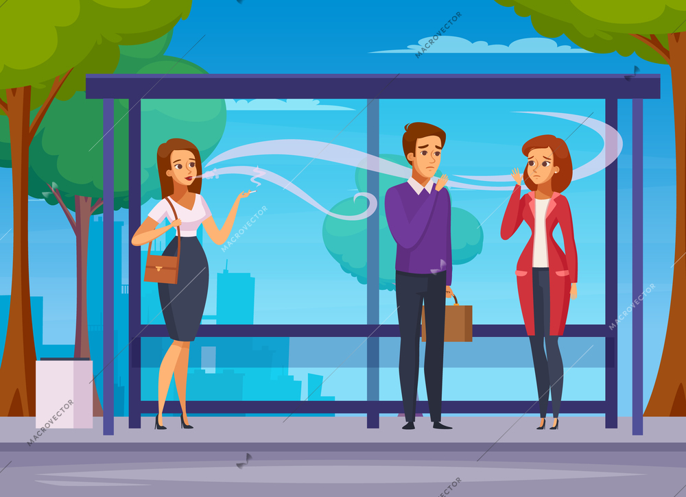 Smoking danger cartoon composition with young people waiting transport at bus stop and smoking outdoors vector illustration