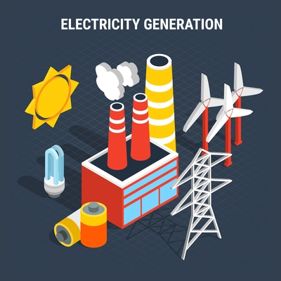 Electricity isometric colored composition with isolated elements of electrical and supply and production of electricity vector illustration