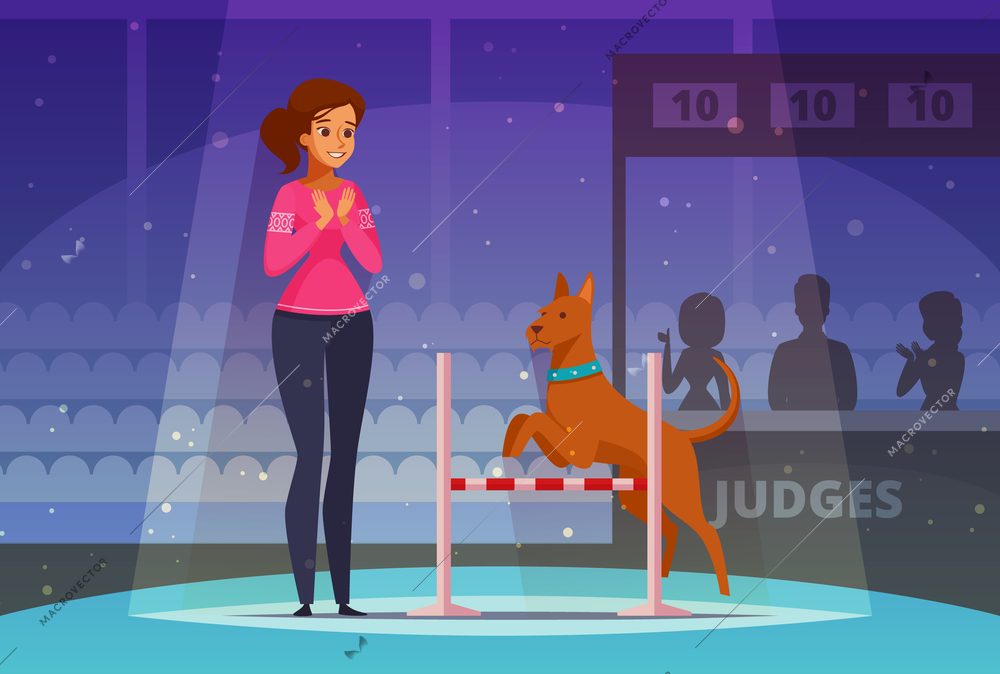 Pet competition cartoon composition  with female owner judges and dog jumping over barrier vector illustration