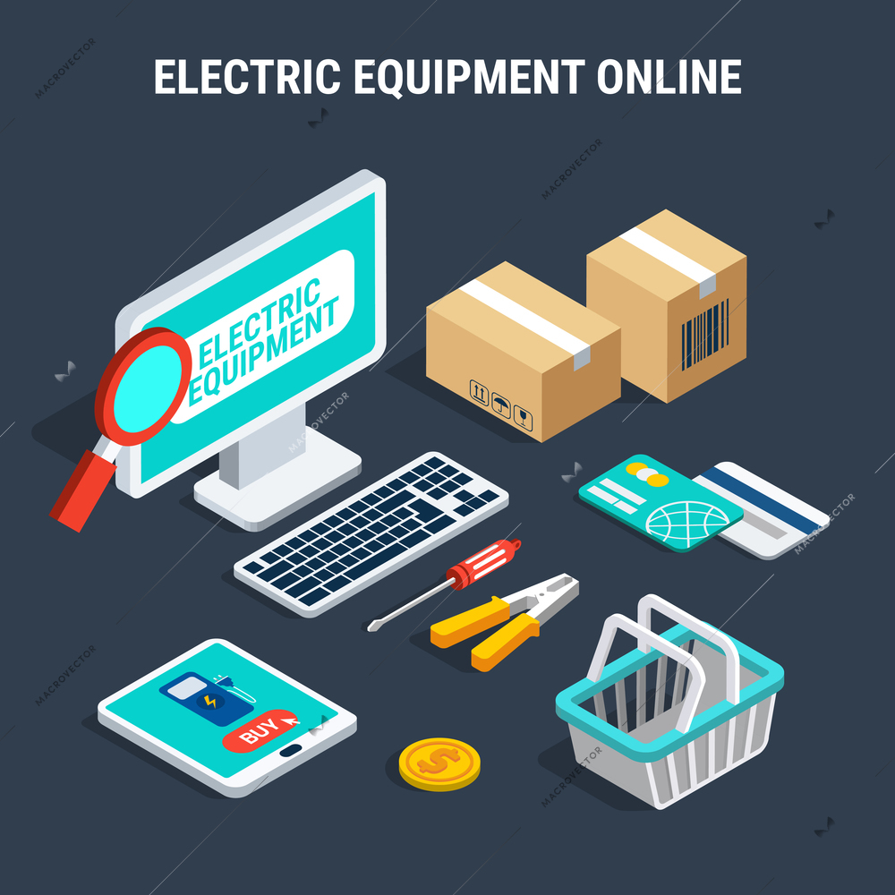 Electricity isometric composition with colored and isolated elements of electric equipment online vector illustration