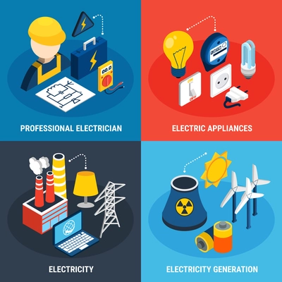 Four electricity isometric 3d icon set with professional electrician electric appliances and electricity generation descriptions vector illustration