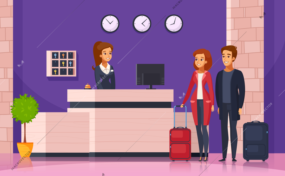 Hotel reception cartoon background with manager behind registration desk and tourists with suitcases vector illustration