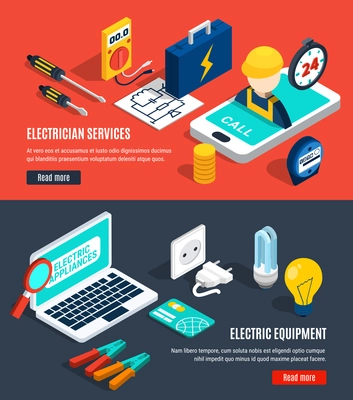 Electricity isometric banner set with electrician service and electric equipment headlines vector illustration