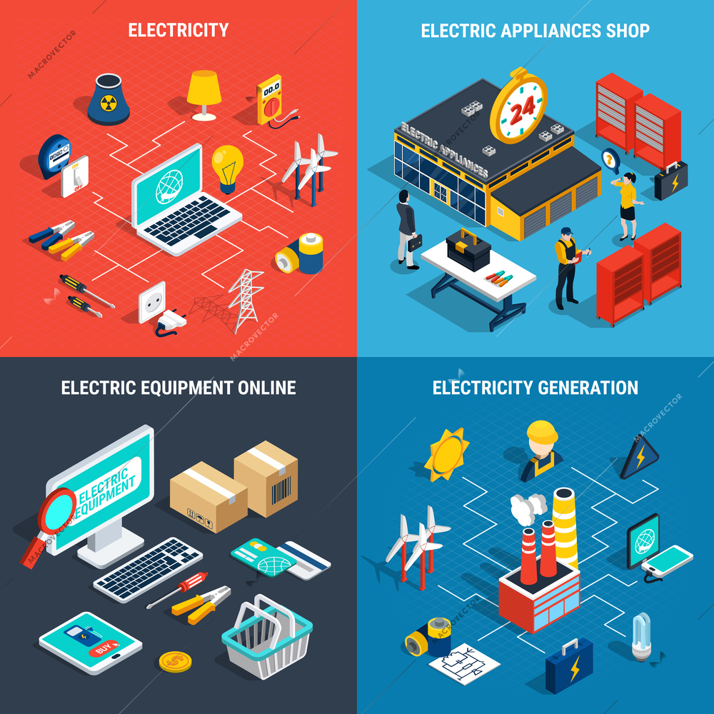 Four squares electricity isometric concept with electric appliances shop electricity generation electric development online descriptions vector illustration