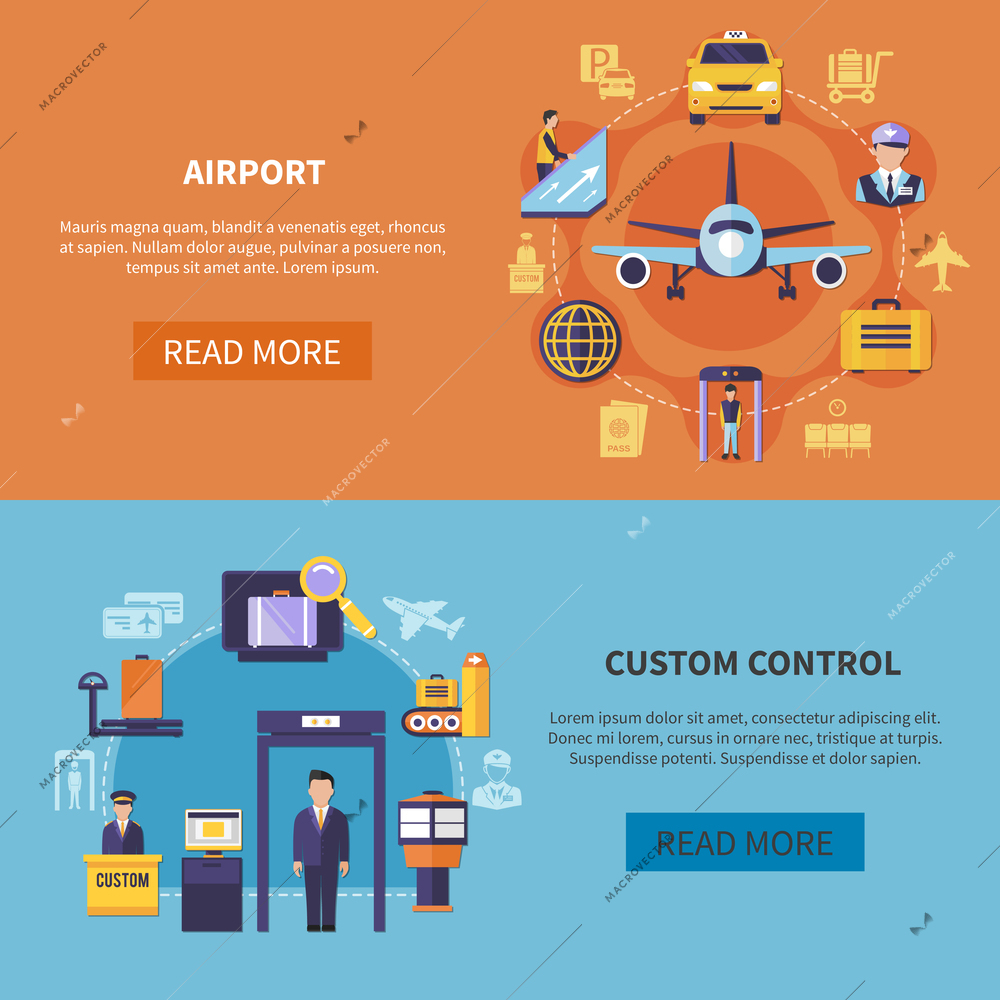 Airport elements and custom control horizontal banners set on colorful background flat isolated vector illustration