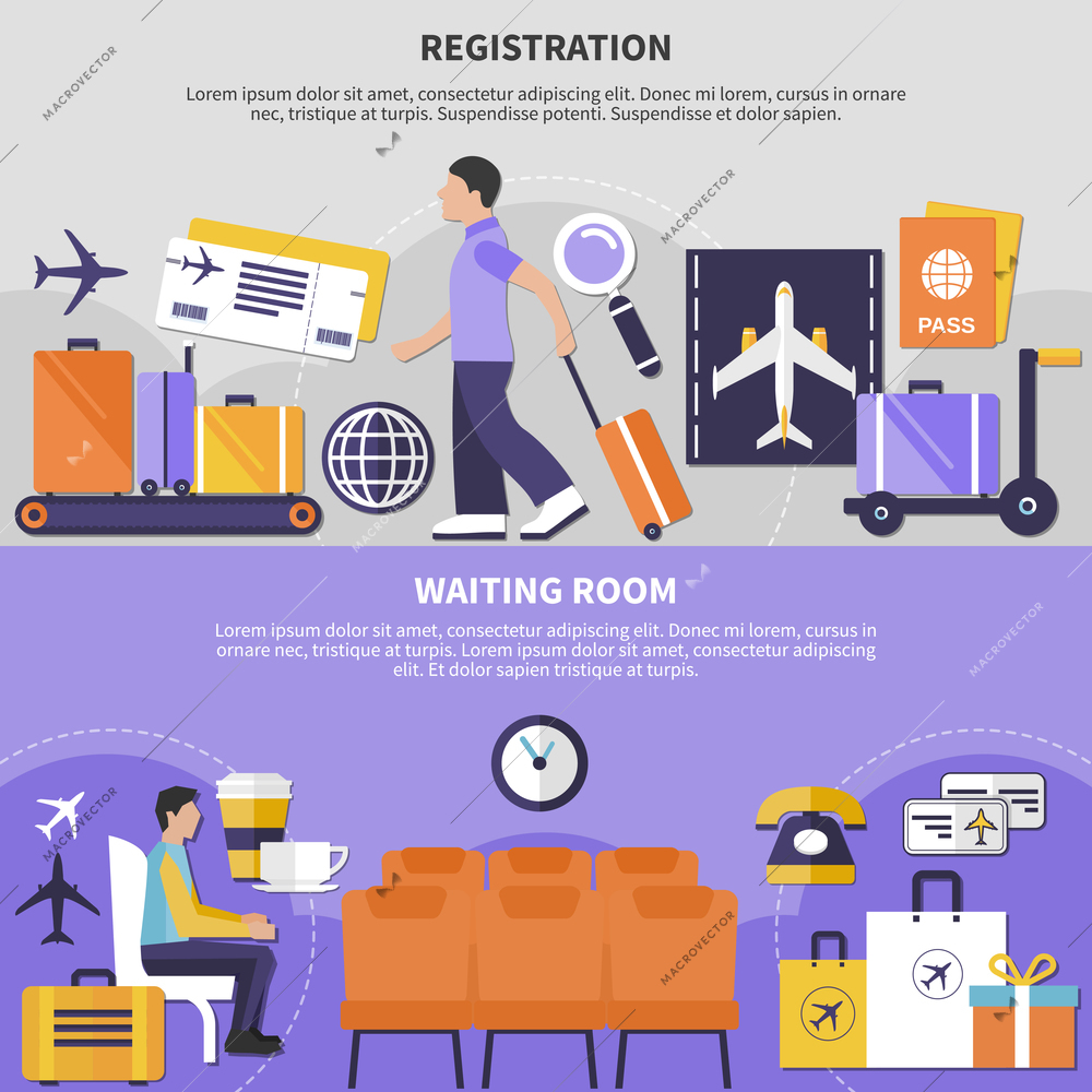 People sitting in waiting room and checking in at airport horizontal banners set isolated vector illustration