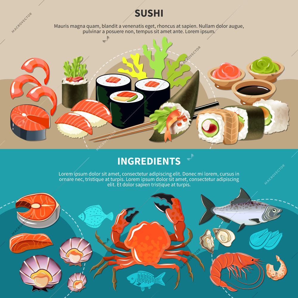 Two colored and horizontal sushi flat banner set with sushi and ingredients descriptions vector illustration