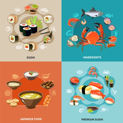 Four squares sushi concept set with ingredients Japanese food and premium sushi descriptions vector illustration