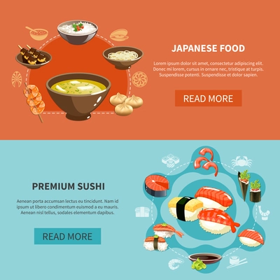 Two colored and horizontal sushi flyer set with Japanese food and premium sushi descriptions vector illustration