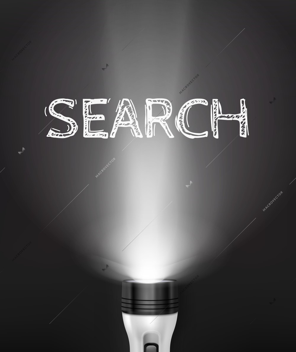 Colored and bright realistic flashlight search concept with light from flashlight to headline vector illustration