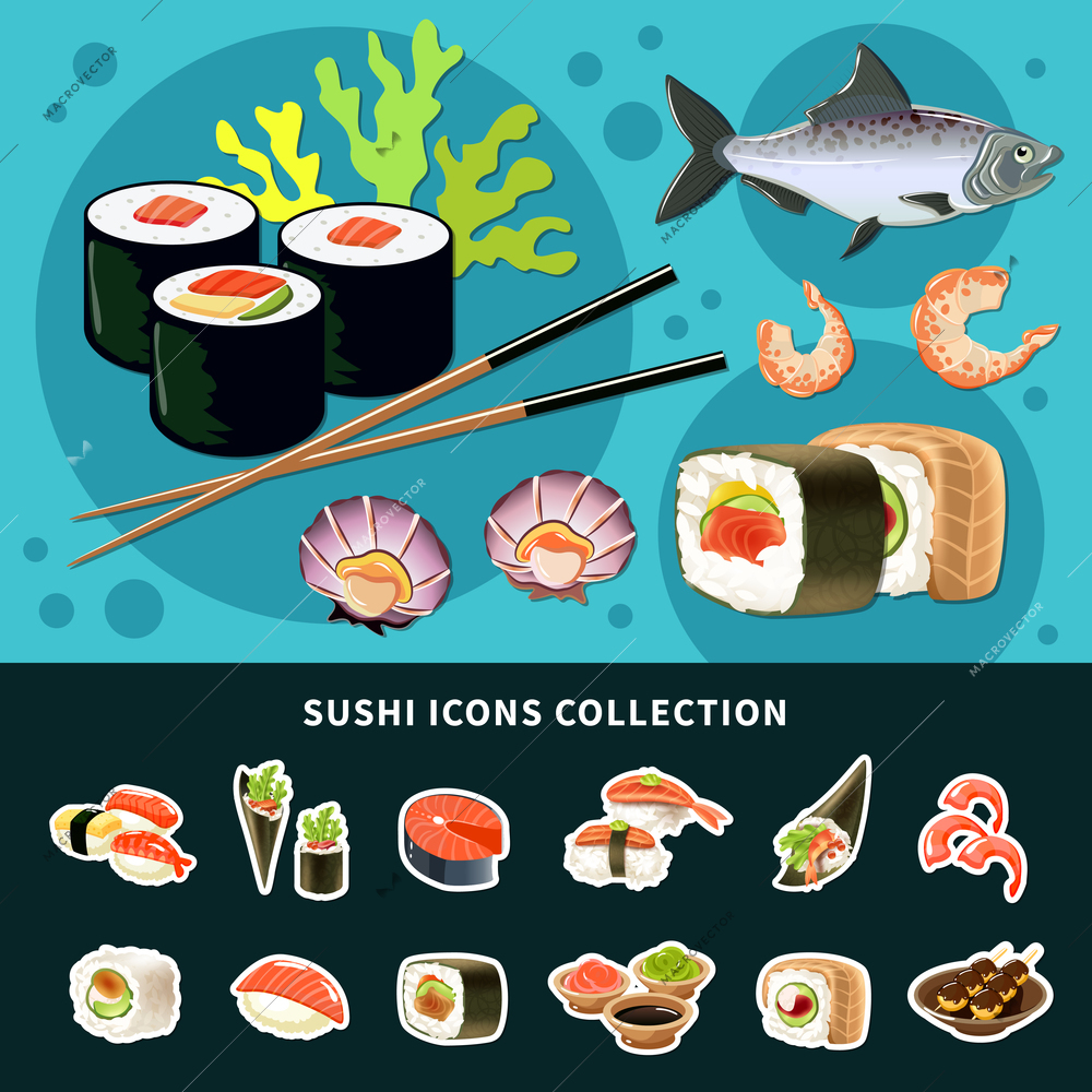 Sushi flat composition with colored poster and sushi icon collection and different types of fish dish vector illustration