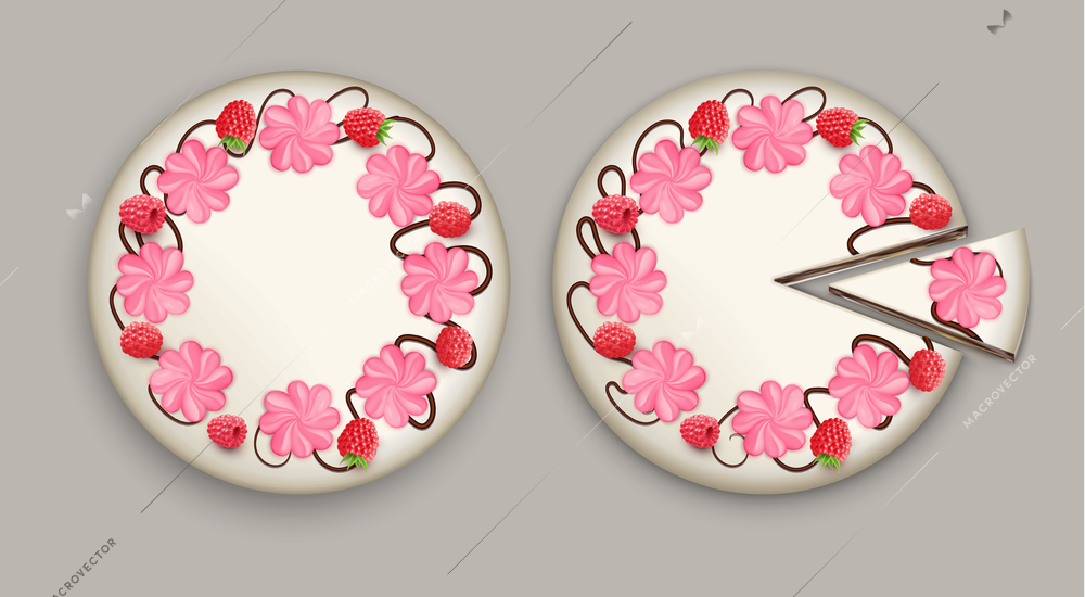 Cake top view realistic composition with two white cake one is whole and another with cut piece vector illustration