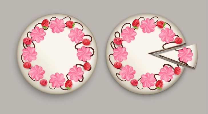 Cake top view realistic composition with two white cake one is whole and another with cut piece vector illustration