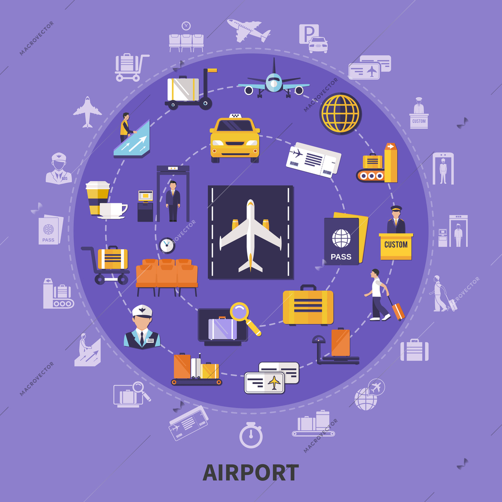 Colorful flat concept with various airport icons planes waiting room steward runway passengers custom control vector illustration