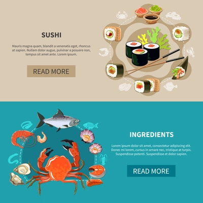 Two colored and flat sushi banner set with sushi and ingredients descriptions and read more buttons vector illustration